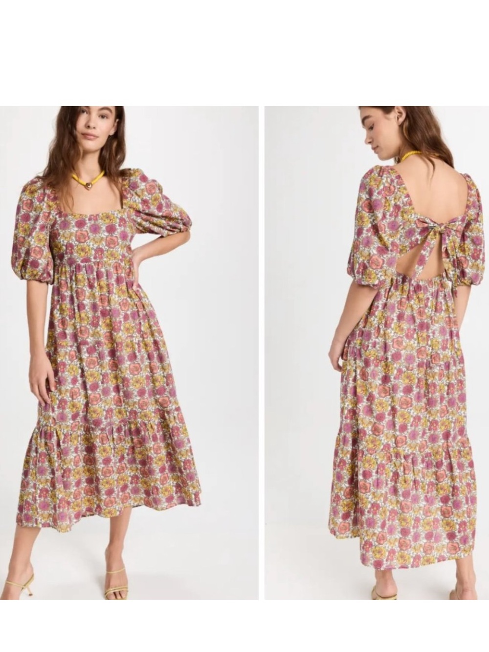 Minkpink Yasamin Floral‎ Square-Neck Midi Dress in Pink and Yellow Size M